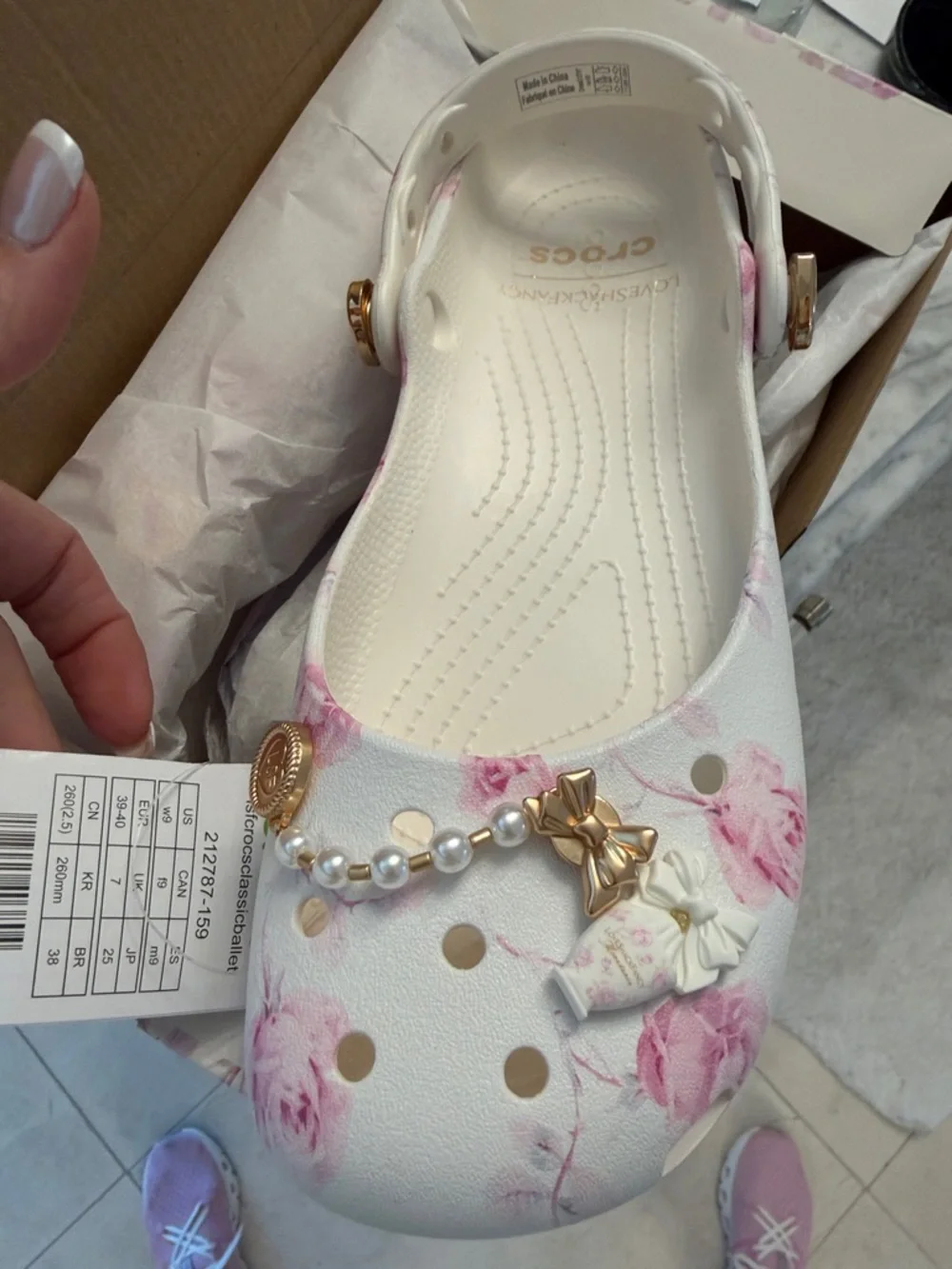 CROCS White & Pink Floral Charm Ballet Croc with Gold Accents Love Shack Fancy - Picture 2 of 3